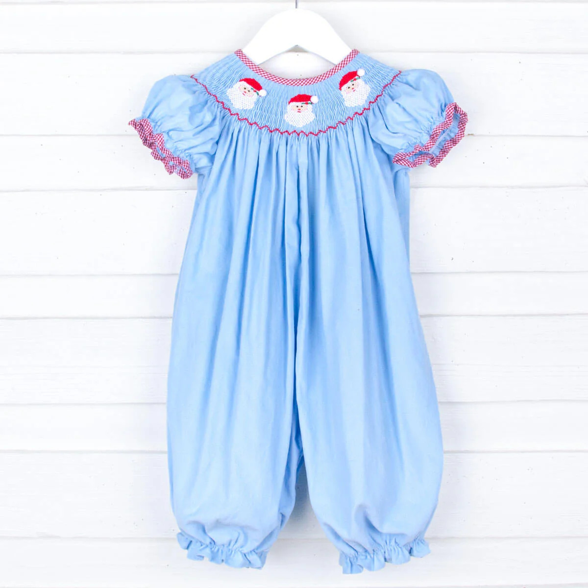 Santa Smocked Blue Corduroy Bishop Long Bubble | Classic Whimsy