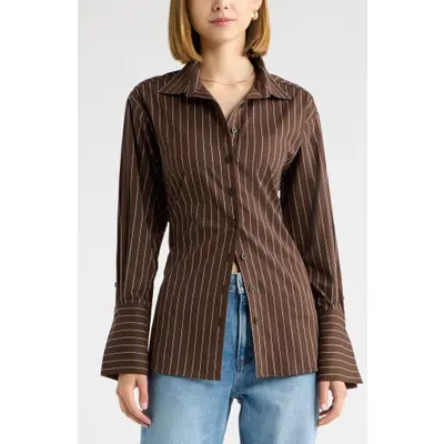 Open Edit Tie Back Striped Button Up Shirt in Brown Ivory Jodi Stripe at Nordstrom, Size Small | Nordstrom