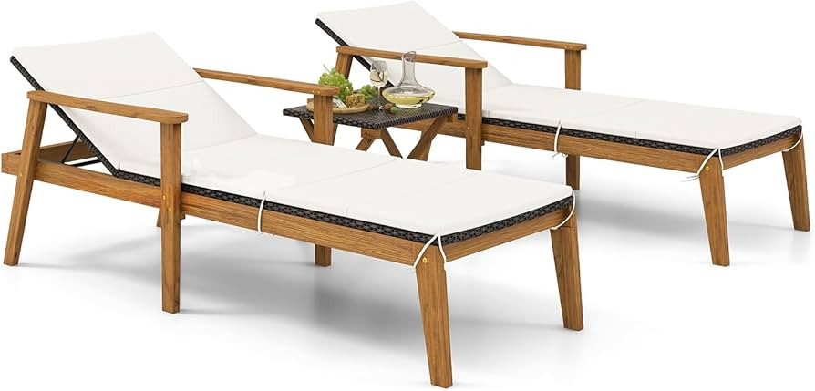 Tangkula 3 Piece Outdoor Chaise Lounge Chair Set, 2 Rattan Cushioned Patio Chaise w/Folding Coffe... | Amazon (US)