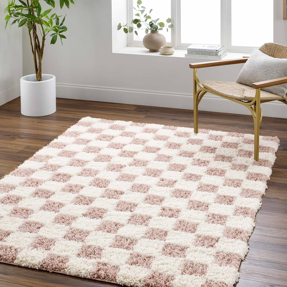 Hauteloom Atira Checkered Shag Area Rug - Checkboard Design - High Pile Fluffy Shaggy Touch - Squ... | Amazon (US)
