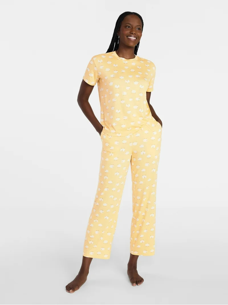 Joyspun Women's Dreamy Soft Collection Short Sleeve Sleep Top and Open Leg Pants Pajama Set, 2-Pi... | Walmart (US)