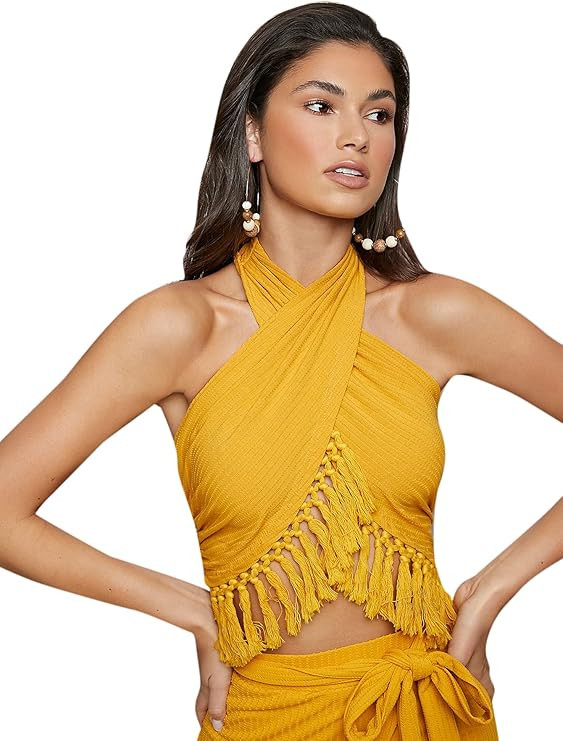 Verdusa Women's Fringe Hem Self Tie Backless Sleeveless Wrap Halter Crop Top | Amazon (US)