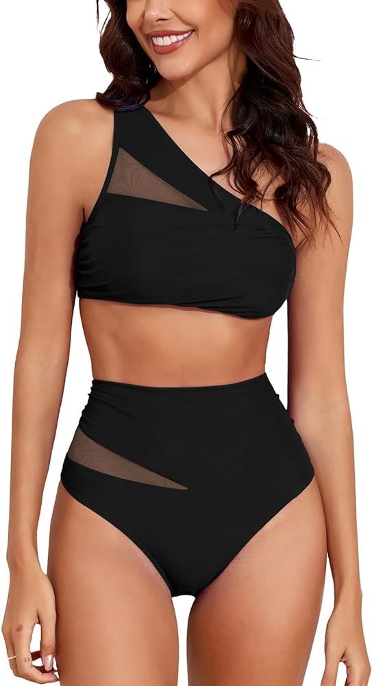 Fanuerg Women High Waisted Bikini Sets One Shoulder Tummy Control Swimsuit Mesh Two Piece Bathing... | Amazon (US)
