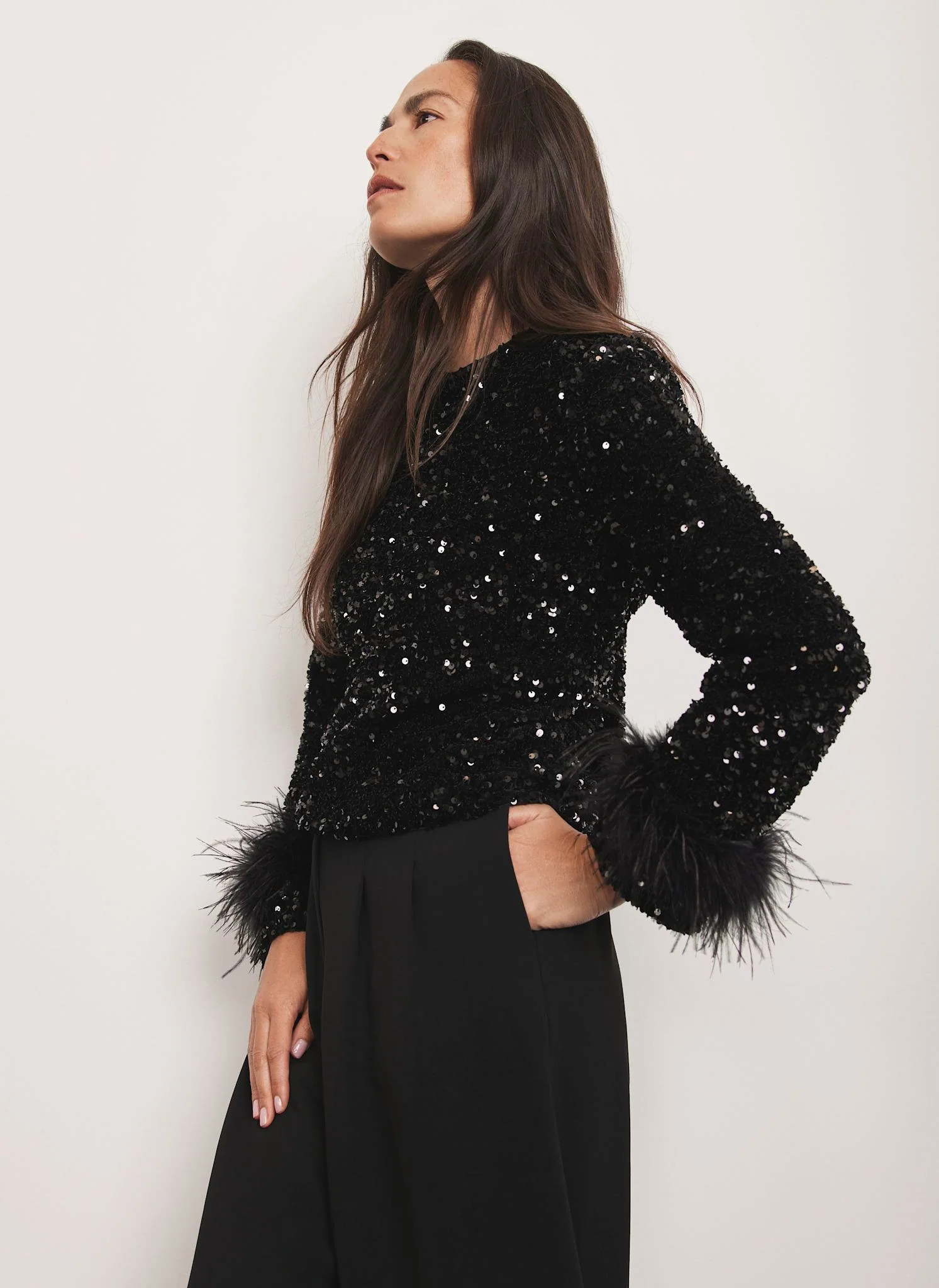 Black Sequin Embellished Feather Trim Top | Mint Velvet