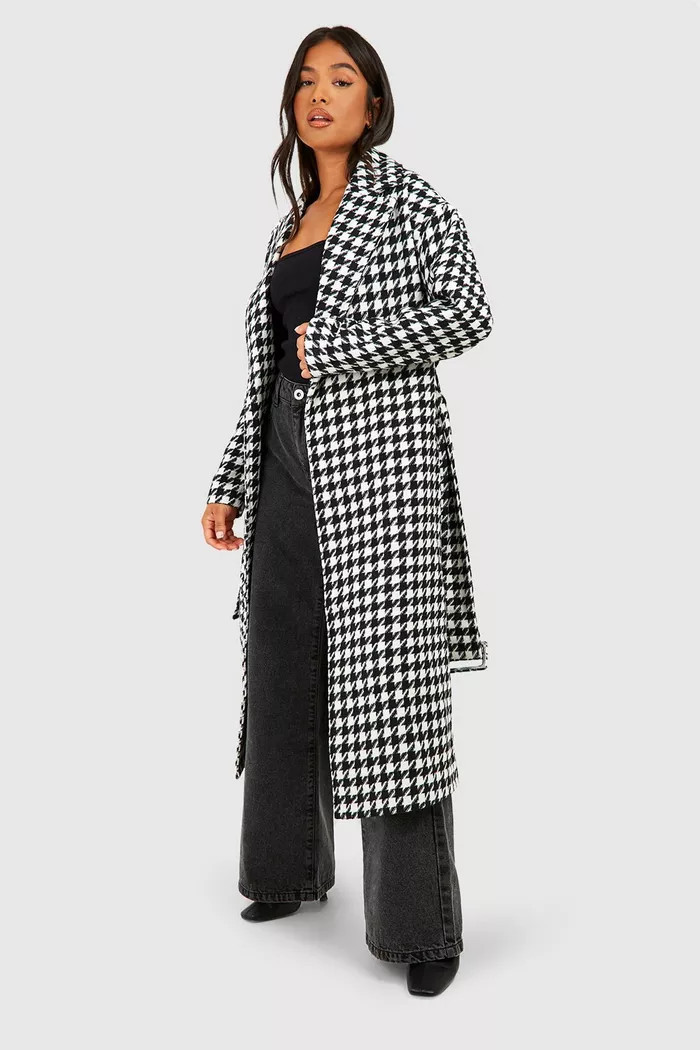 Petite Dogtooth Belted Wool Look Trench | boohoo (US & Canada)