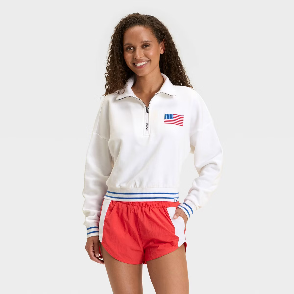 Women's 4th of July Flocked Flag French Terry 1/2 Zip Sweatshirt - JoyLab™ White | Target