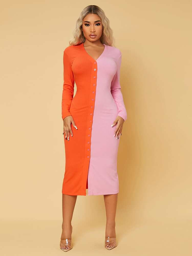 SHEIN Two Tone Button Front Bodycon Dress | SHEIN
