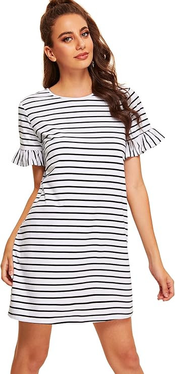 Floerns Women's Summer Casual Ruffle Short Sleeve Tunic Striped T-Shirt Dress | Amazon (US)