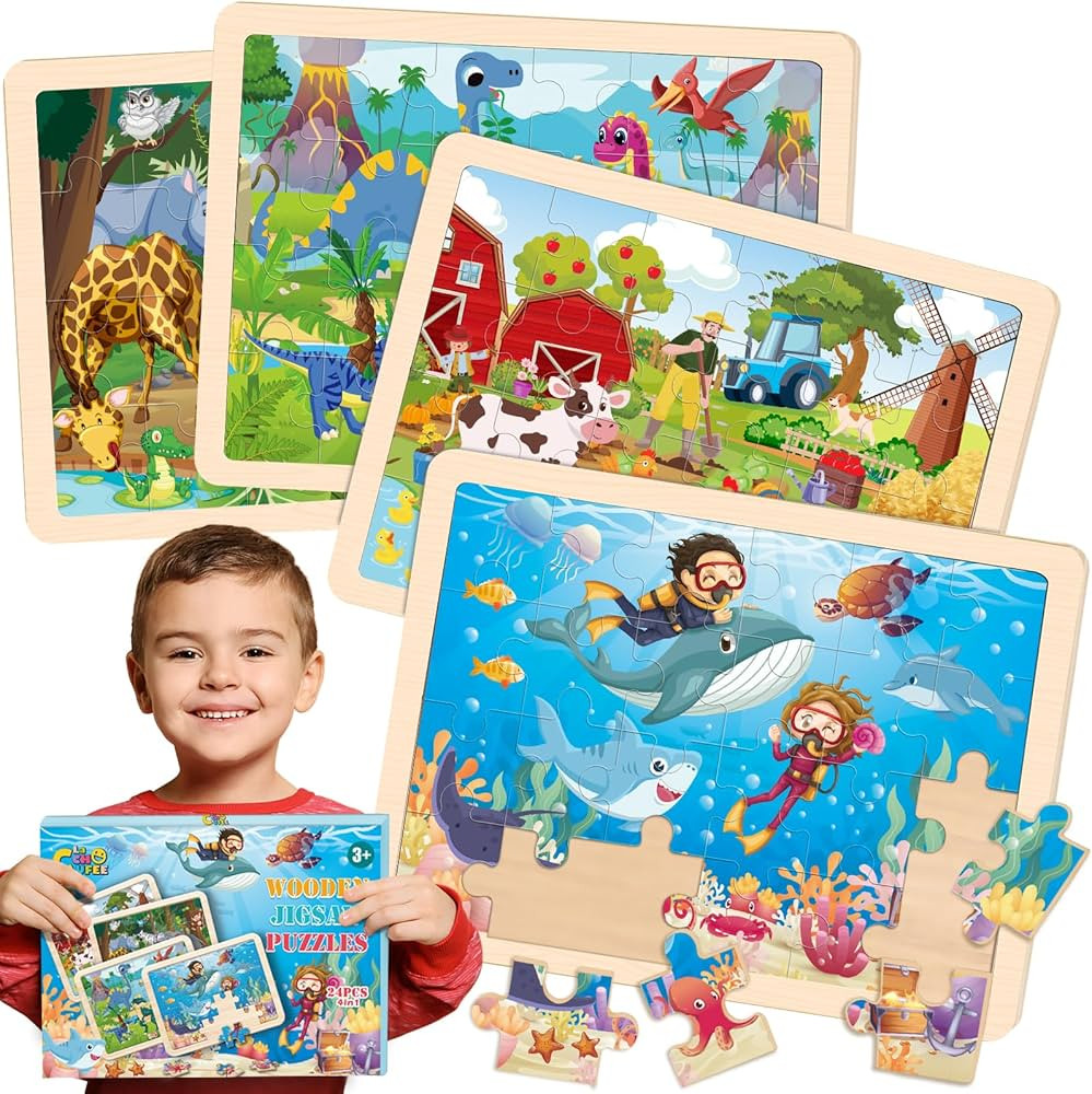 Wooden Animals Puzzles for Kids Age 3 4 5 Year Old, 4 Pack 24 Pcs Montessori Toddler Jigsaw Puzzl... | Amazon (US)