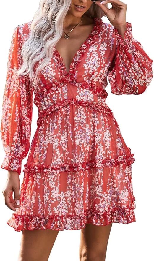 Dokotoo Womens Spring Summer Deep V Neck Ruffle Long Sleeve Floral Print Mini Dress | Amazon (US)