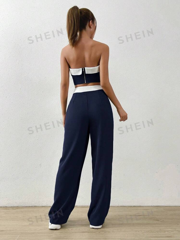 TrendsSHEIN EZwear Summer SetsContrast Trim Tube Top & Folded Waist Wide Leg Pants | SHEIN