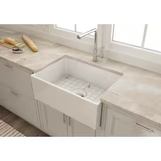 Glacier Bay Farmhouse Apron-Front Fireclay 27 in. Single Bowl Kitchen Sink in White with Grid 191... | The Home Depot