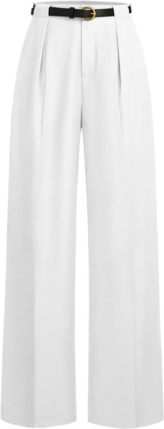 CIDER Mid Waist Solid Pocket Straight Leg Trousers with Belt | Amazon (US)