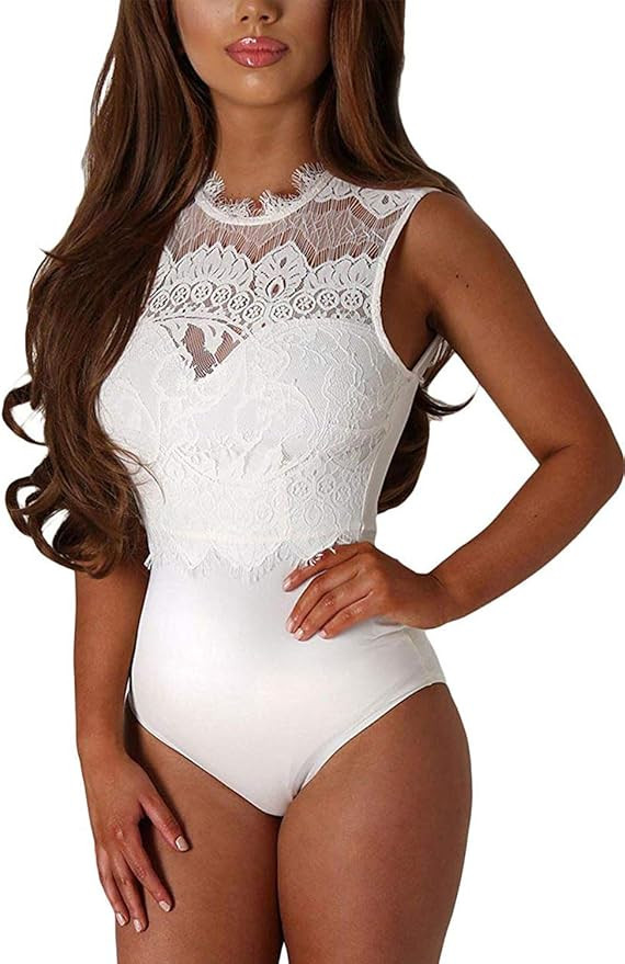 Aranmei Womens Sexy Floral Sheer Lace Sleeveless Bodysuit Clubwear Tops | Amazon (US)