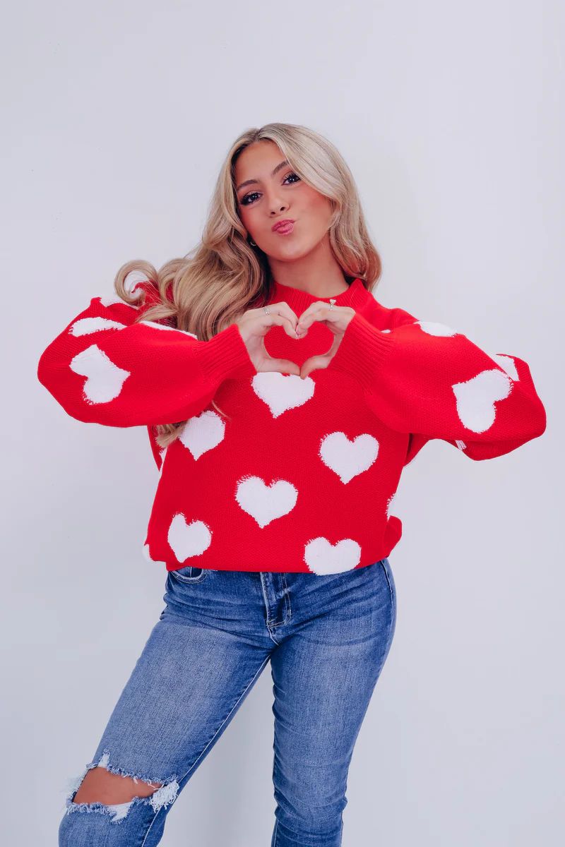 Love Struck Heart Print Sweater -Red | Whiskey Darling Boutique