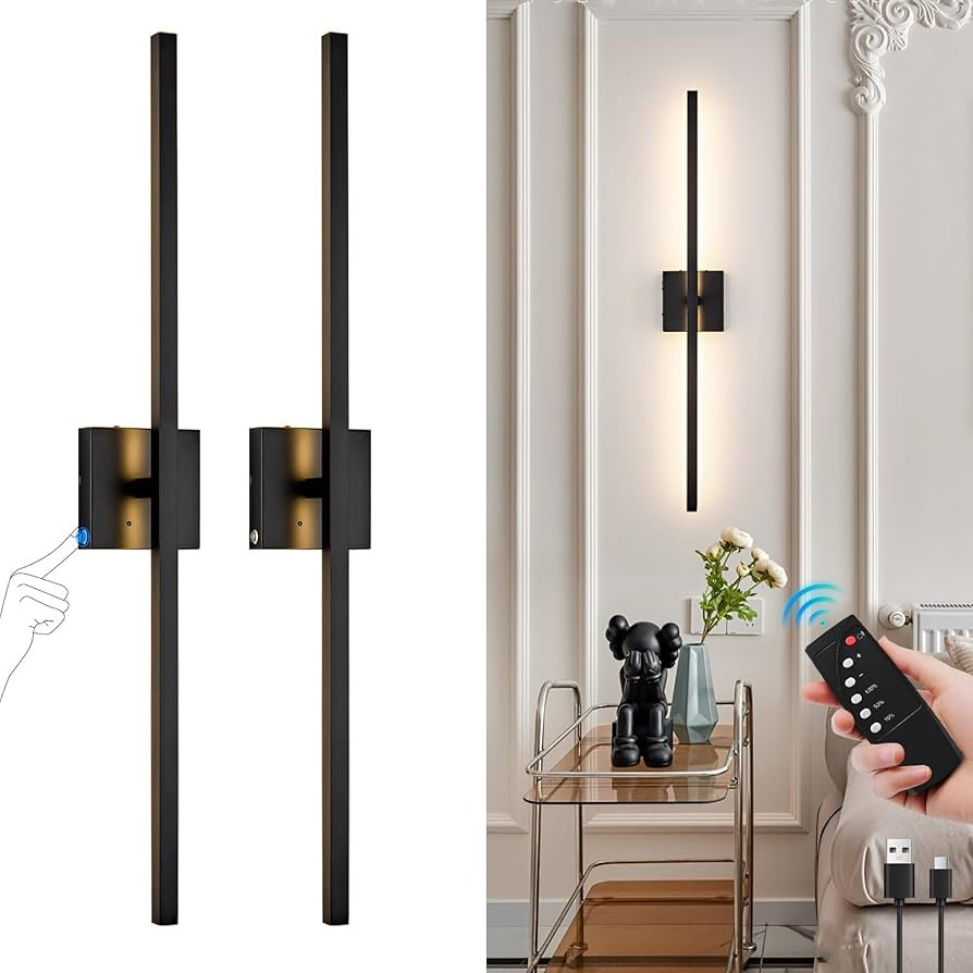 Battery Operated Wall Sconces Set of Two, 24 Inch Dimmable Stepless Matte Black Picture Lights fo... | Amazon (US)