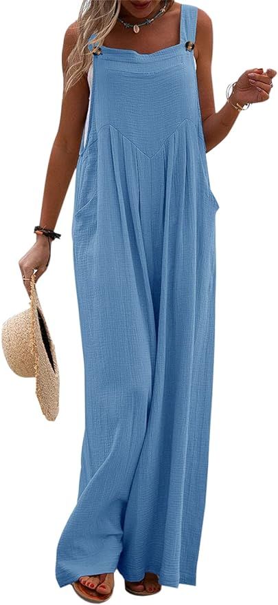 imbpceu Women Wide Leg Overalls Sleeveless Jumpsuits Loose Solid Color Suspender Comfy Baggy But... | Amazon (US)