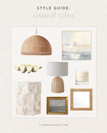 Coastal home decor. Interior design. Home accents. Spring decor.  Modern coastal. Beach decor. Woven pendant chandelier. Seagrass pendant. Wicker. Woven table lamp. Woven wall mirror. Beach art. Beach coastal painting. Landscape painting. Seascape art. Shell decor. Decorative clam shell. Shell planter. Side table. Sea candle. Coffee table decor. Console decor. Console styling. 

#LTKSeasonal #LTKstyletip #LTKhome