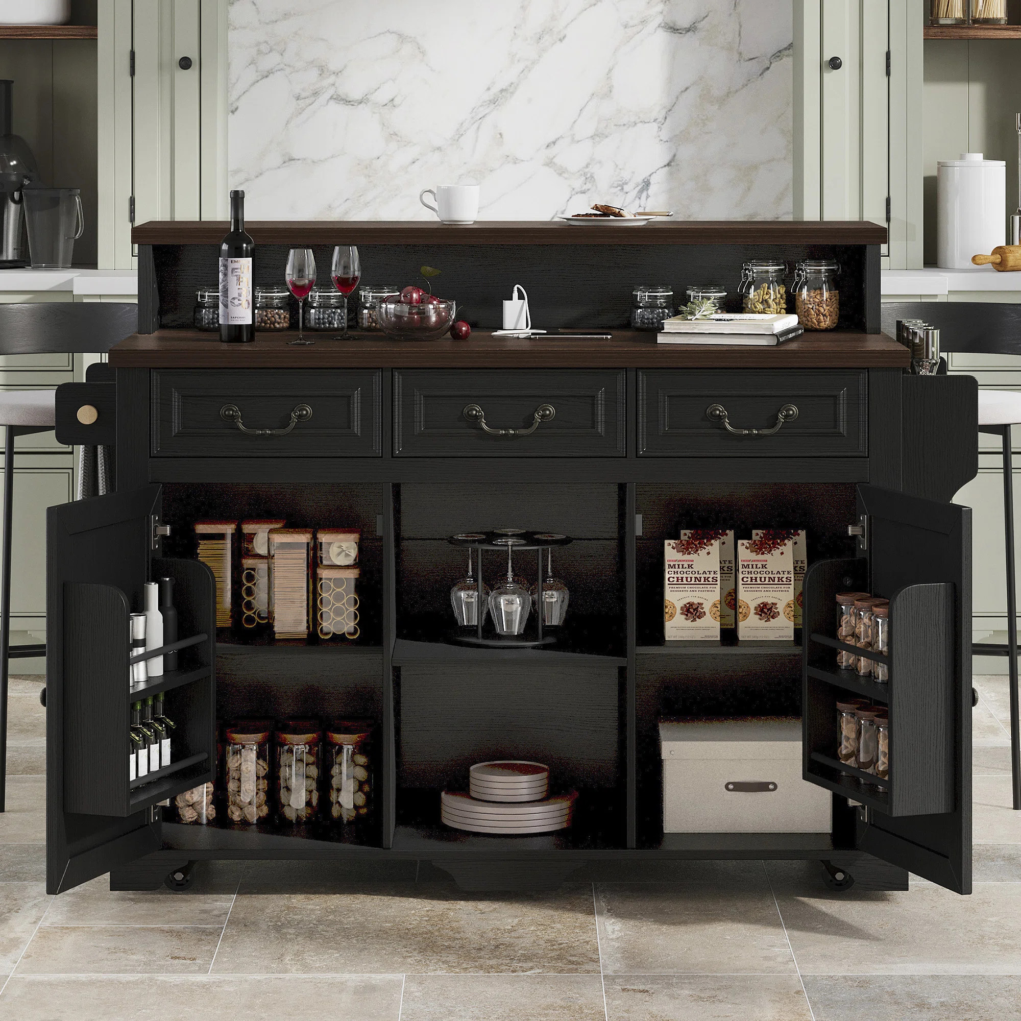 53.2" Two-Tier Farmhouse Kitchen Island with Power Outlet, 3 Drawers, Adjustable Shelves, 4 Door ... | Wayfair North America