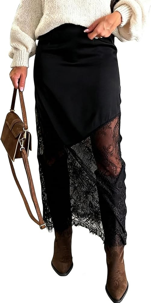 Satin Skirts for Women High Waist Lace Skirts Y2K Elegant Lace Patchwork Skirt Solid Silk Wrap Ma... | Amazon (US)