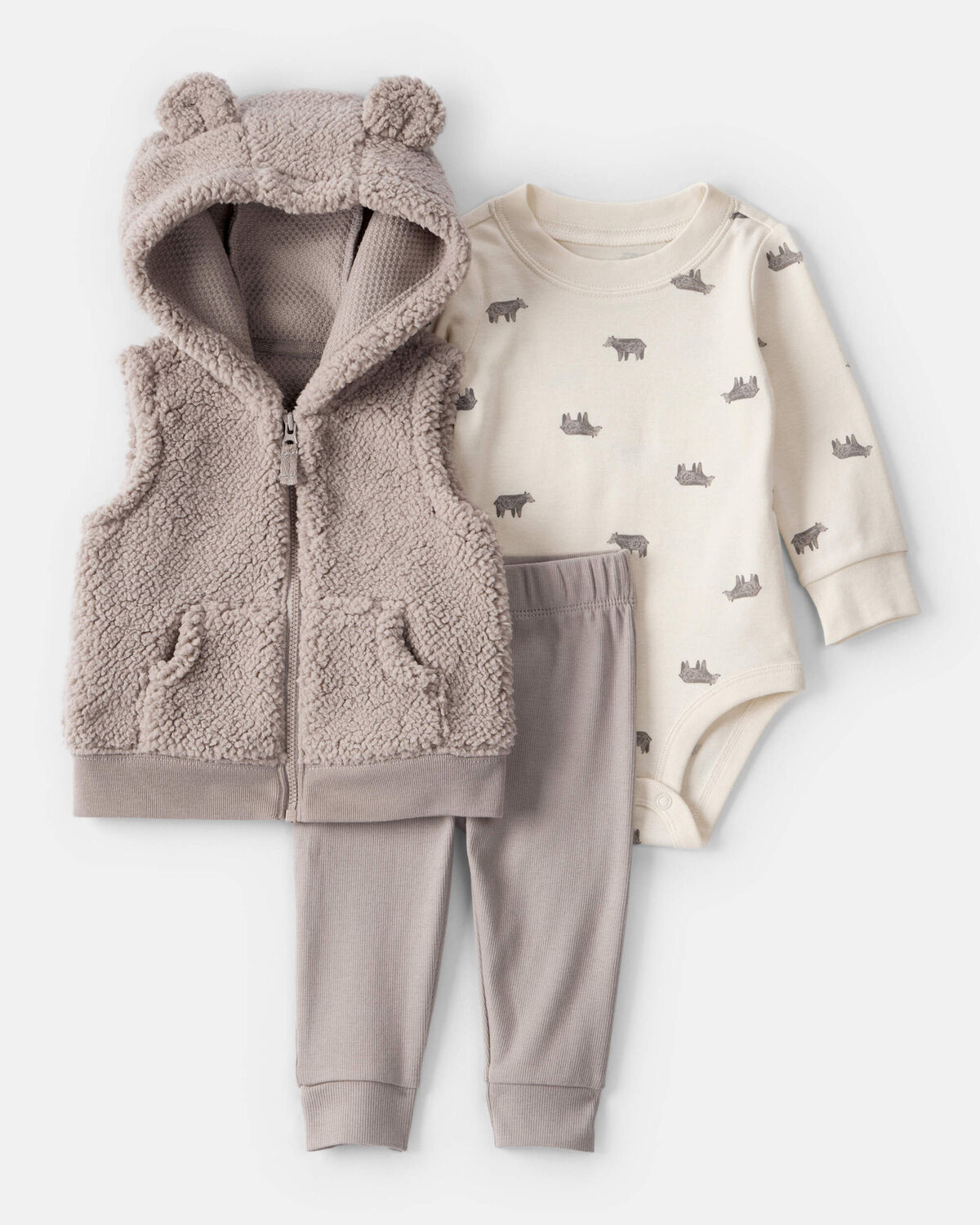 Baby Boy 3-Piece Bear Print Sleeveless Jacket, Bodysuit & Pant Set - Tan/Ivory | Carter's Inc