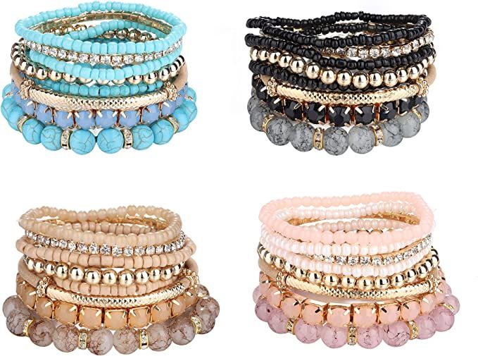 SAILIMUE 4 Sets Bohemian Stackable Bead Bracelets for Women Multicolor Stretch Beaded Bracelets L... | Amazon (US)