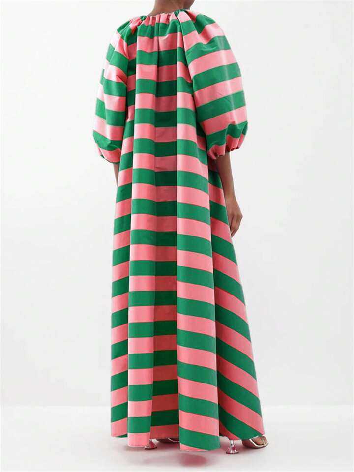 Romantic Striped Maxi Dress For Women - Plunging V-Neck With Three-Quarter Bell Sleeves, Loose Fi... | SHEIN