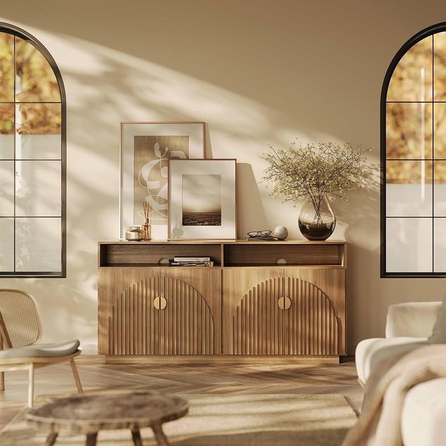 BELLEZE 65 Inch Fluted TV Stand, Mid Century Modern Entertainment Center with Storage Cabinets & ... | Amazon (US)