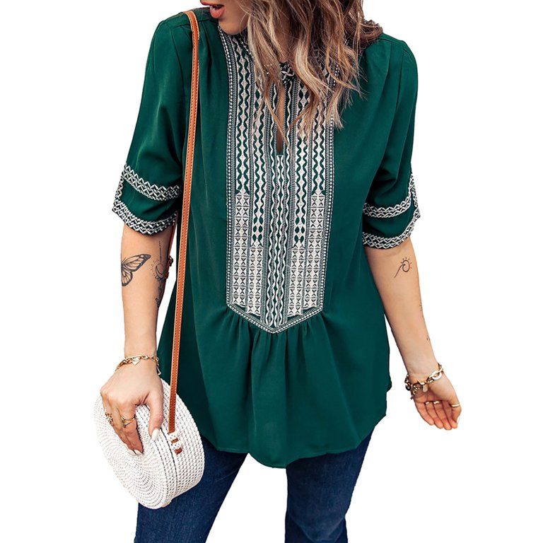 Dokotoo Women's Green Blouses Boho Embroidered V Neck Short Sleeve Shirts Casual Loose Tops Size ... | Walmart (US)