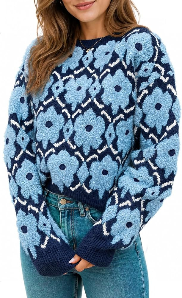 Saodimallsu Womens Floral Sweater Crewneck Long Sleeve Oversized Knit Casual Cute Fall Winter Pul... | Amazon (US)