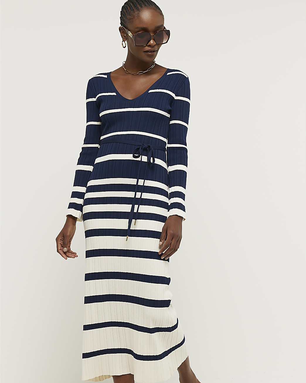 Navy ribbed stripe belted bodycon midi dress | River Island (UK & IE)