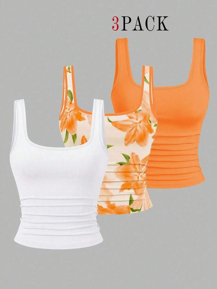 3pcs Plus Size Women's Casual Solid Color & Full Printed Pattern Sleeveless Tank Top Set, Summer | SHEIN
