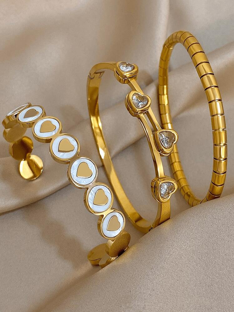 18K Gold Plated Heart Bangle Set For Women - Elegant CZ & Textured Heart Bracelets, Romantic Stackable Jewelry, Mom Gift, Back To School Gift, Halloween Gifts, Teacher Gift, Boho Summer Beach Travel Party Essential, Rave/Prom/Party/Daily Accessories, Gold Yellow Jewellery, Birthday Gift | SHEIN