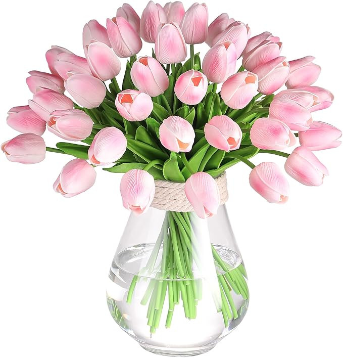 30 Pcs Artificial Tulips PU Faux Flowers, Pink Real Touch Fake Tulips for Valentine's Day Spring ... | Amazon (US)