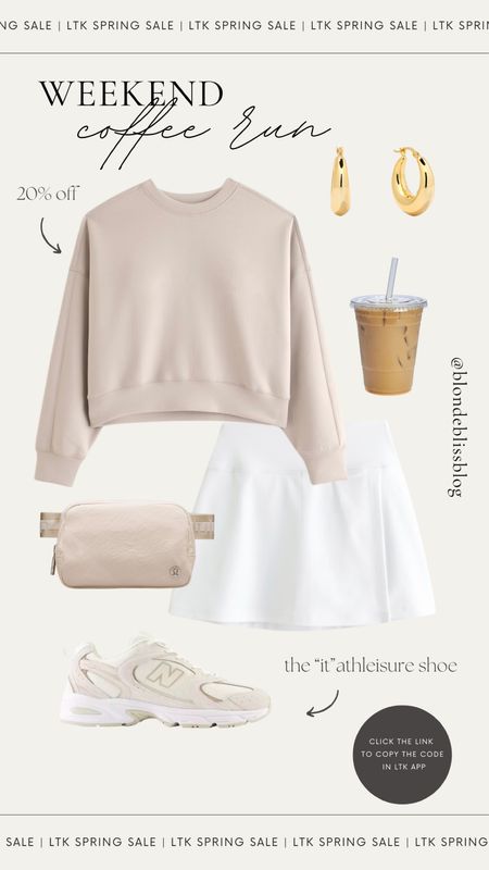 What to wear on a coffee run ☕️ Cute & casual athleisure look! Hot girl walks never looked so good - pair this oversized crew with a white skirt, new balance sneakers and sleek gold accents for a chic casual look. 

#LTKsalealert #LTKSpringSale #LTKfindsunder50