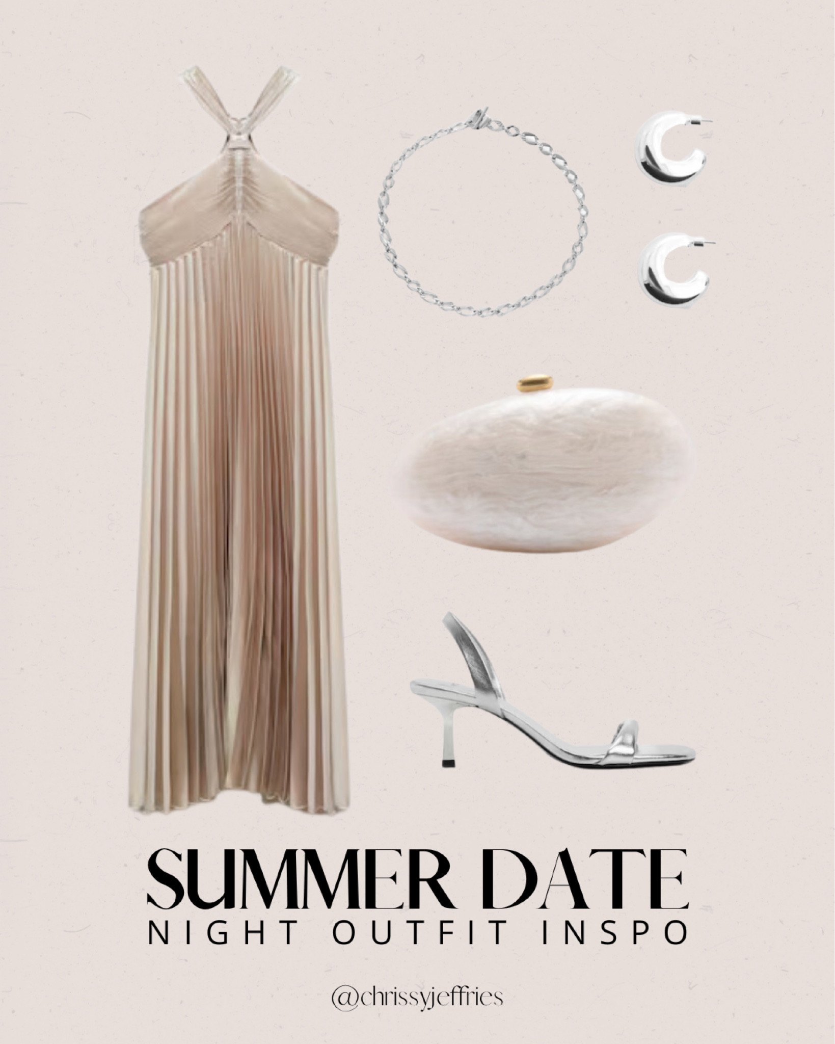 Make a stunning impression on your summer date night with this effortlessly elegant ensemble. The flowing beige pleated maxi dress is both graceful and captivating. Pair it with sleek silver heeled sandals, a chic round clutch, and matching silver accessories for a touch of glamour. This outfit is perfect for an evening out or a special event under the stars. Embrace the sophisticated charm of this look and enjoy your night in style. 

#DateNightOutfit #SummerFashion #ElegantStyle #FashionInspo #EveningGlam

#LTKsummer #LTKwedding #LTKpartywear