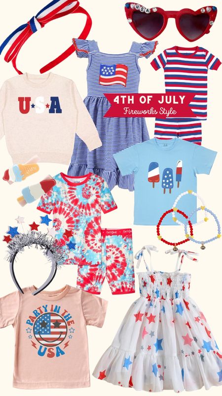 Red white and blue patriotic outfits and 4th of July accessories for kids / 4th of July dress, patriotic hair accessories and headbands and USA sweatshirt and popsicle tankers 

#LTKSeasonal #LTKFind #LTKkids