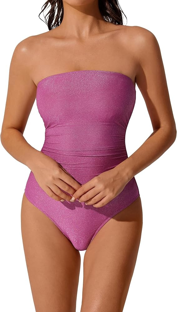 RXRXCOCO Women Tummy Control One Piece Swimsuits Ruched Strapless Bathing Suits Slimming Swimwear | Amazon (US)
