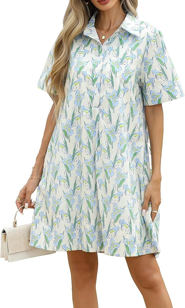 LifeShe Summer Floral Dress Women's Printed Casual Sundress Short Sleeve Button Up Shirt Dresses ... | Amazon (US)
