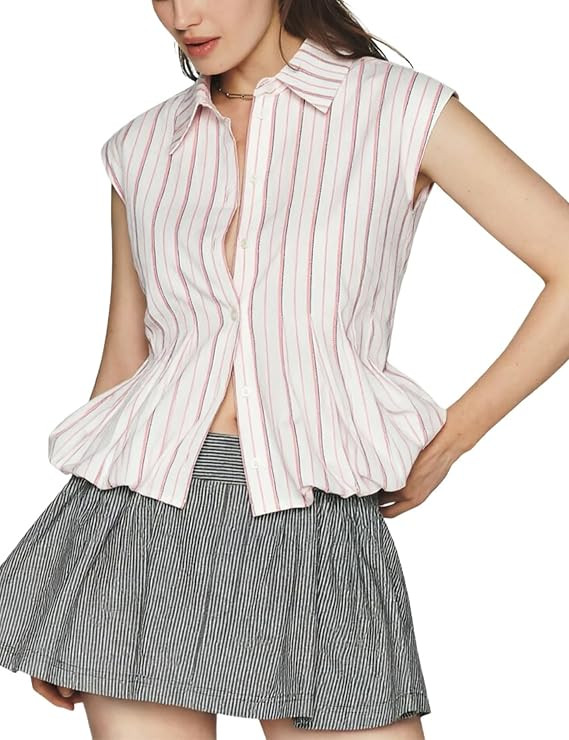 Women Striped Peplum Blouse Bubble Hem Shirt Casual Tops | Sleeveless shirts, button front tops, ... | Amazon (US)