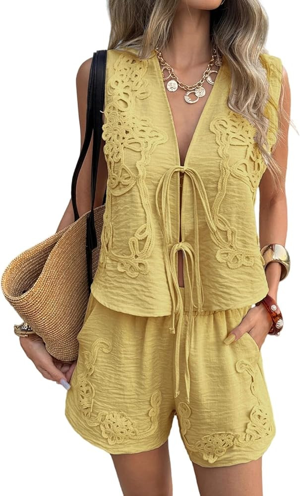Womens 2 Piece Outfits Summer Print Tie Front Vest Tops and Shorts with Pockets Set Beach Vacatio... | Amazon (US)