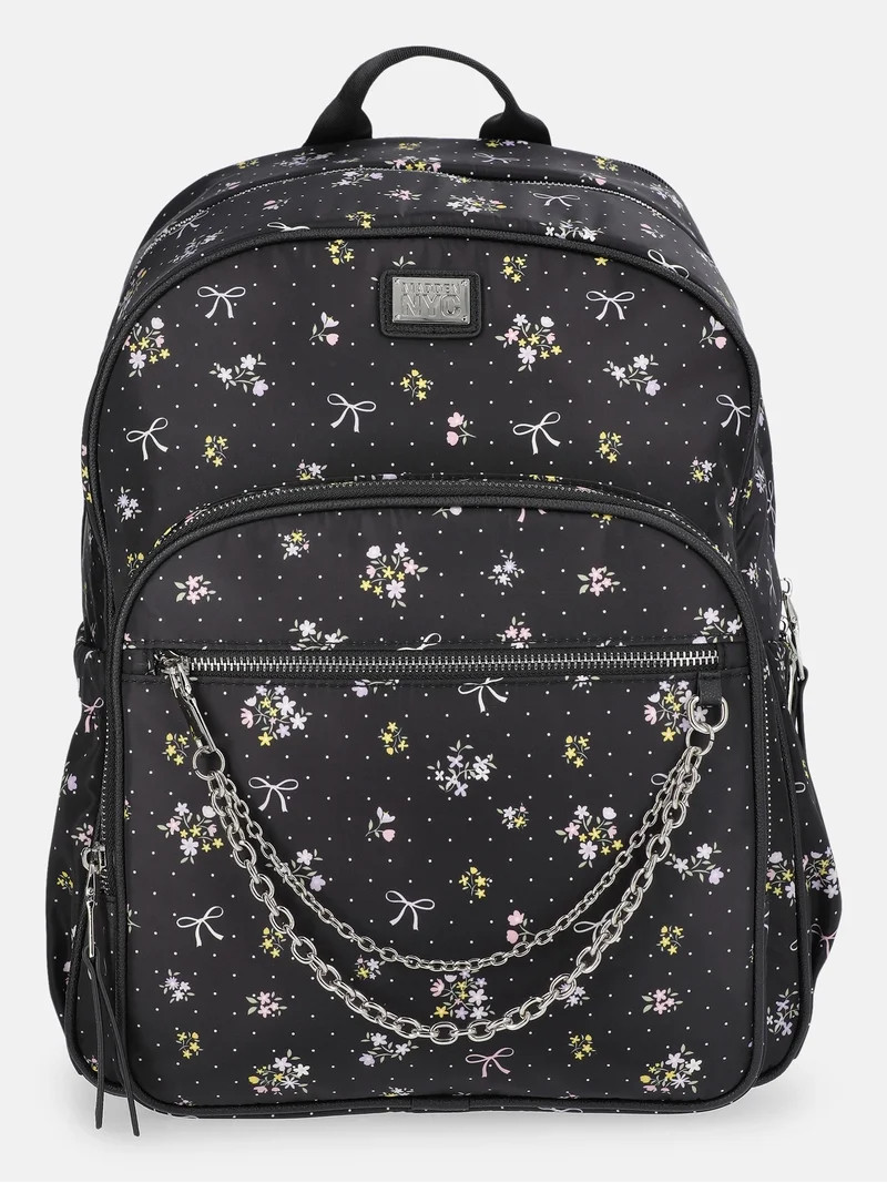 Madden NYC Women's Dome Backpack with Chain Accent, Black Bow Floral | Walmart (US)