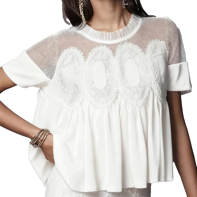 Women's Velvet Lace Babydoll Tops Casual Round Neck Short Sleeve Flared Swing Blouse Elegant Plea... | Amazon (US)