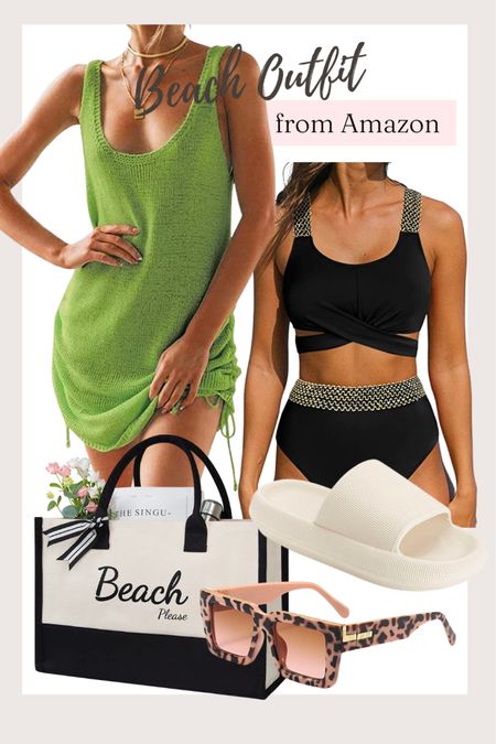 Beach vacation outfit from amazon 
High waisted bikini 
Two piece 
Beach bag 
Coverup 
Beach sandals 
Sunglasses 

#LTKtravel #LTKSeasonal #LTKswim