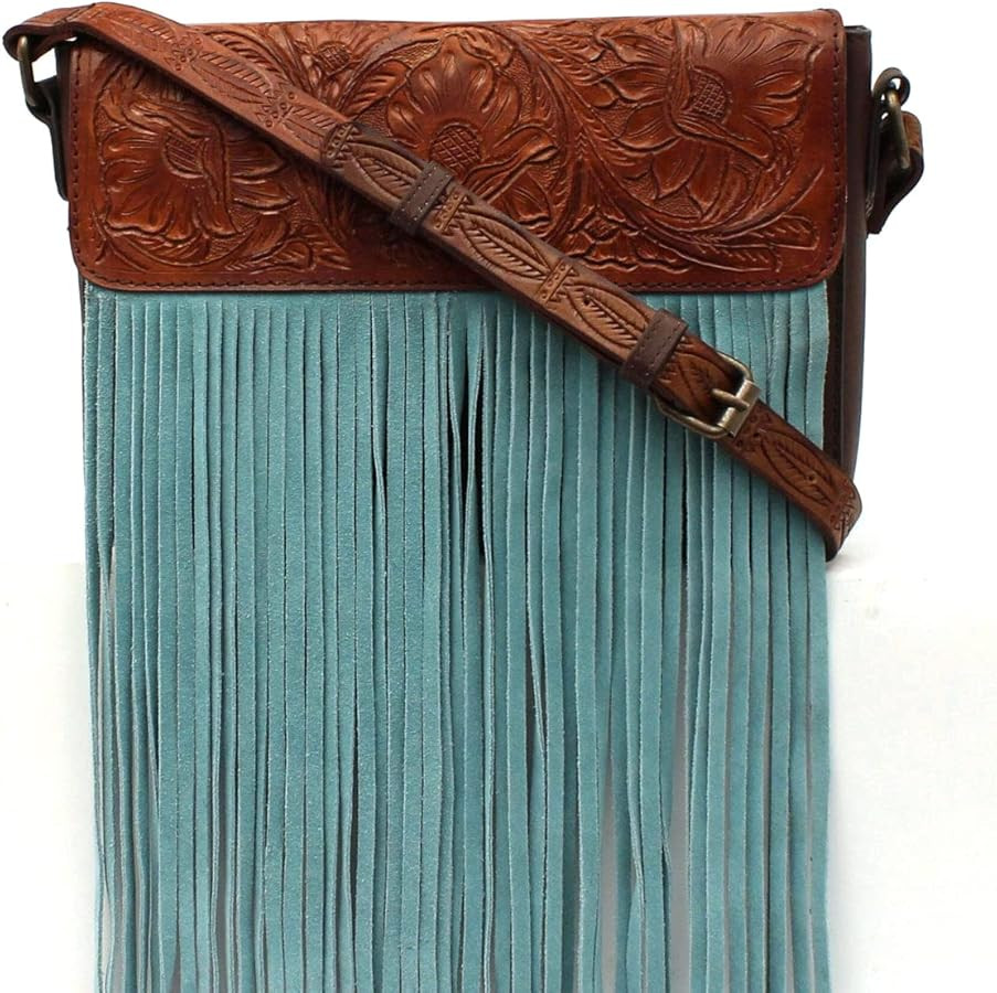 ARIAT Women's Claire Collection Tooled Turquoise Fringe Tan Crossbody Bag | Amazon (US)