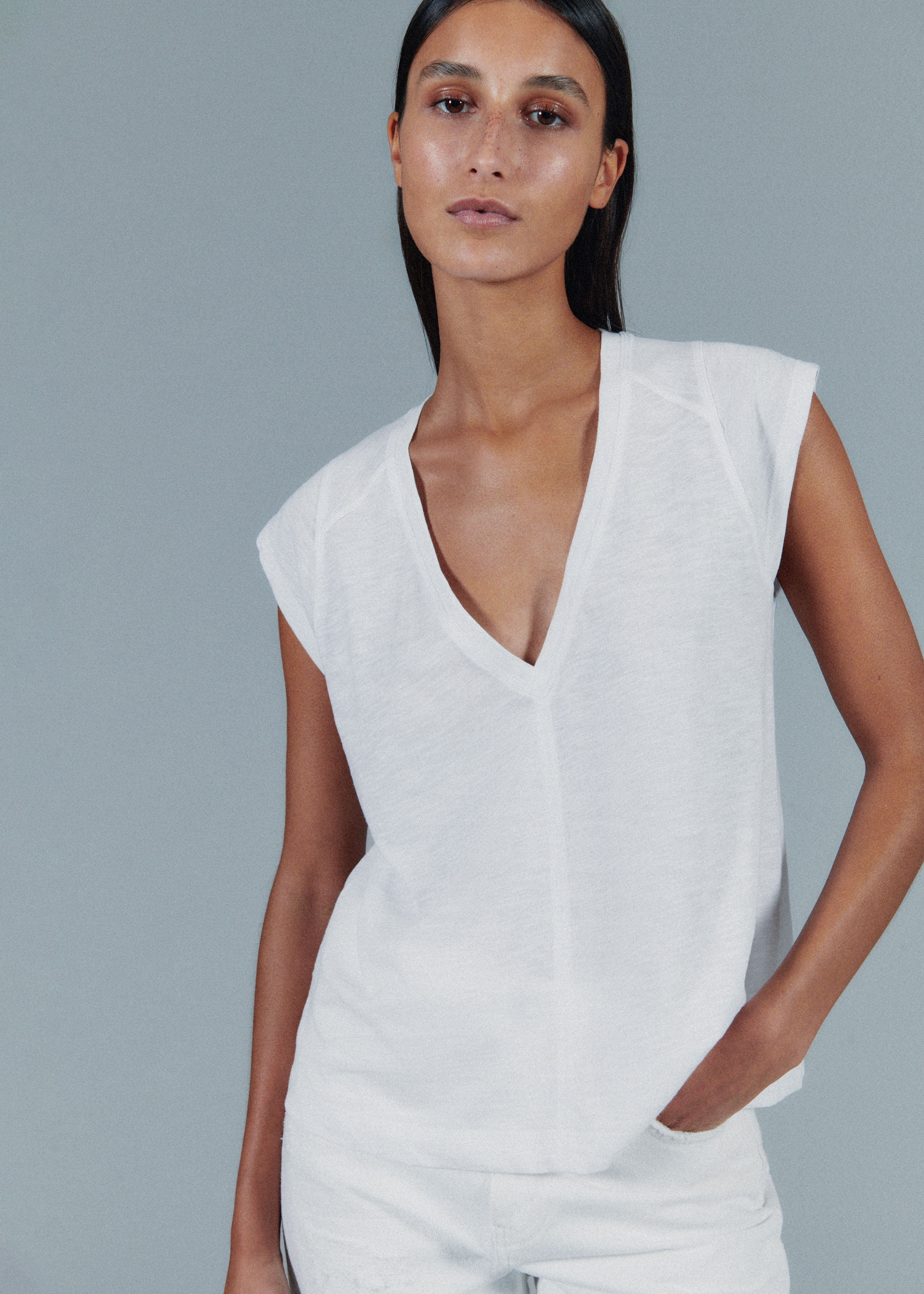 Women's White Cap Sleeve V-Neck Swing Tee | ME+EM | ME+EM Global (Excluding US)