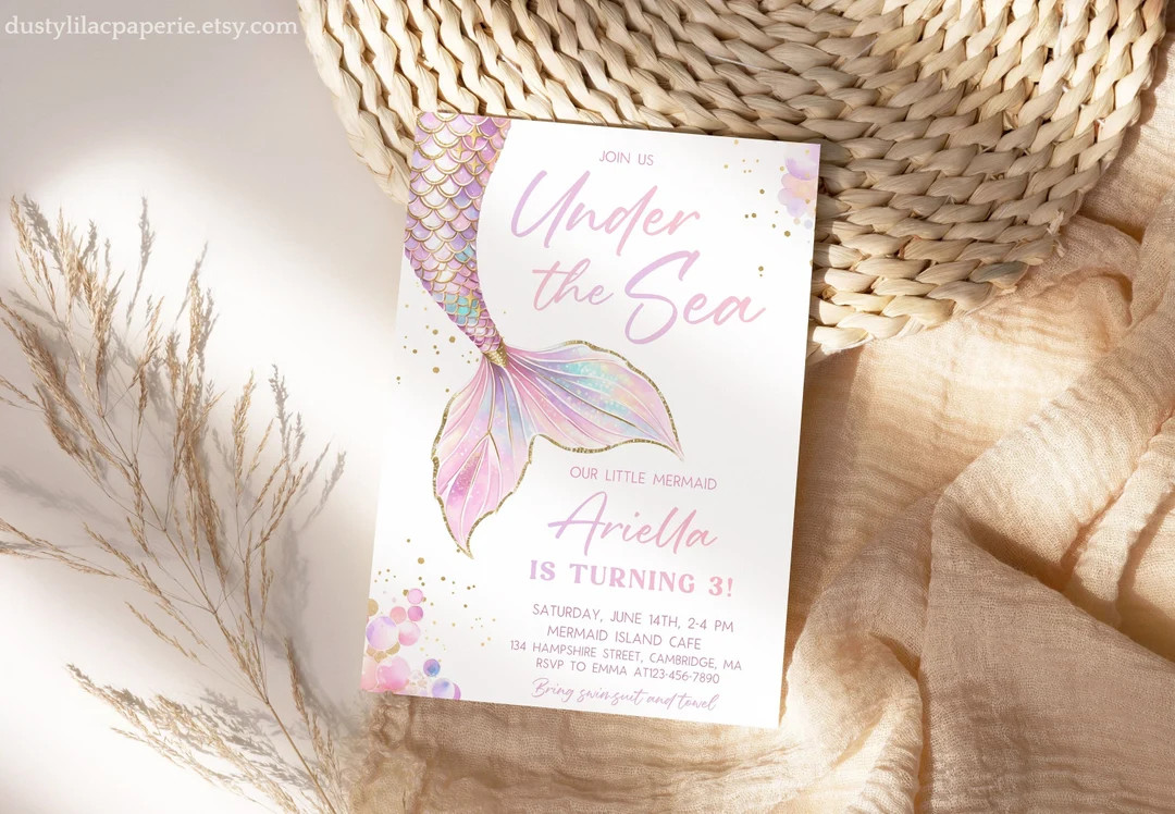 Under the Sea Mermaid Birthday Invitation Editable Pink Purple Girl 3rd Little Mermaid Tail Party... | Etsy (US)