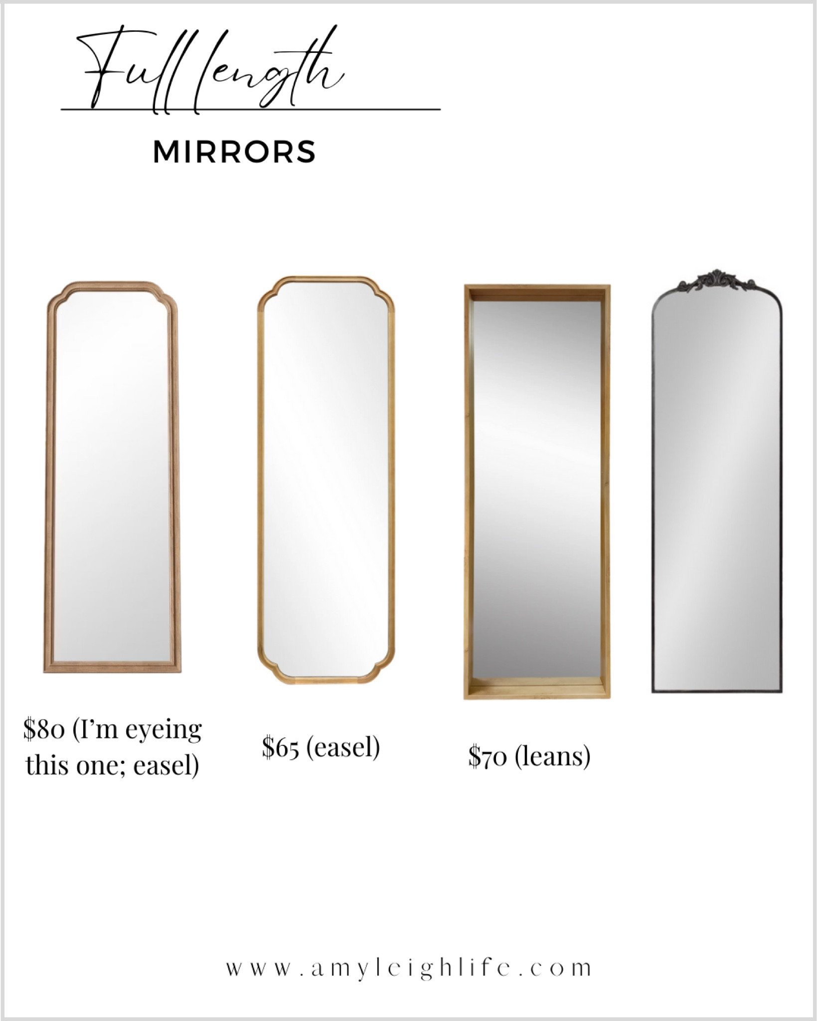 I’m creating a sitting area (eventually!) in our bedroom and I’m wanting to add a full length mirror. 

Bedroom mirror, propped up mirror, wall mirror, easel mirror, mirror bedroom, full length mirror bedroom, gold full length mirror, black full length mirror, traditional mirror, contemporary mirror, modern home, vintage home, home decor traditional, arched full length mirror, vintage mirror
Prices can change 

#LTKHome #LTKSaleAlert #LTKFindsUnder100