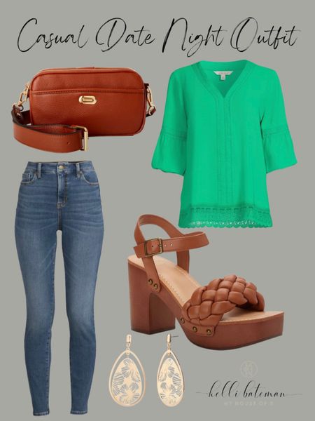 Casual date night outfit. Green blouse,denim skinny jeans x brown purse, brown wedge sandals, jewelry. 


#LTKfit #LTKunder50 #LTKstyletip