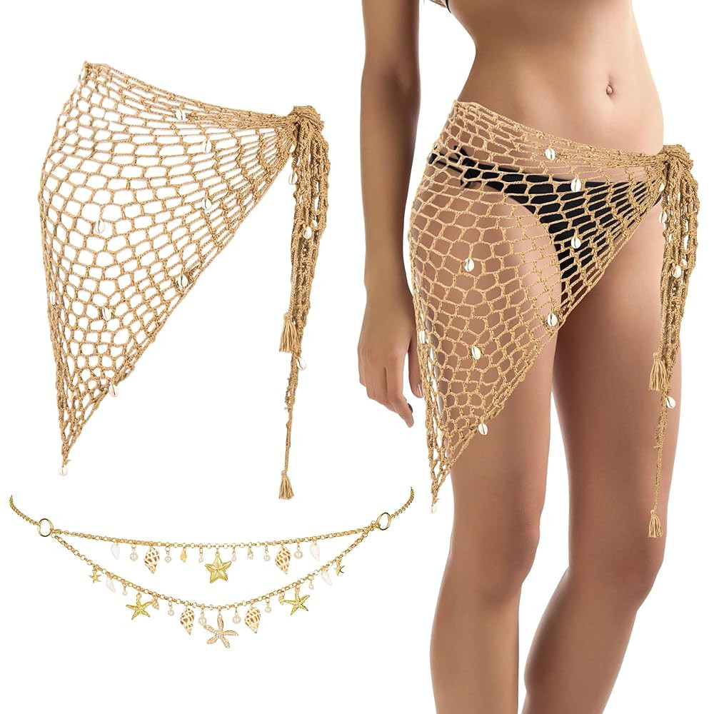 Women Mermaid Skirt Crochet Cover Up with Seashell Waist Chain Hollow Out Swimsuit Shell Beach Fi... | Amazon (US)
